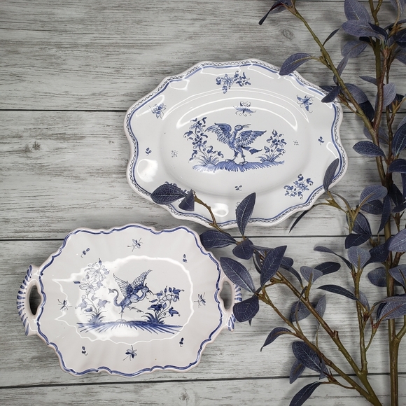Vintage French Artisan Made Plates Jewelry Display Decor Eclectic Crane Bird